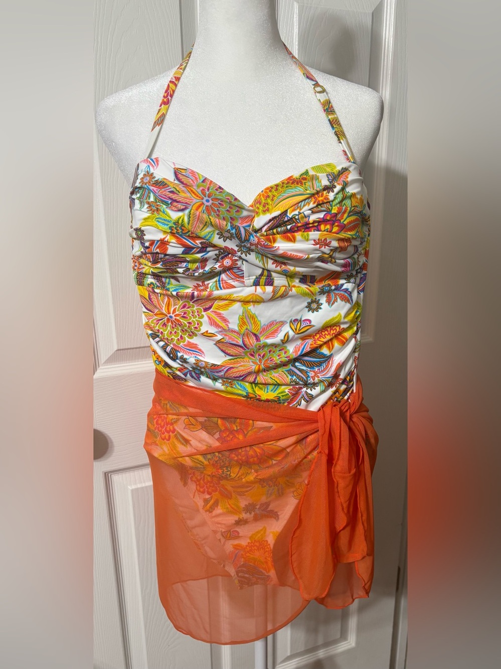 NWOT Bleu Rod Beattie Tropical Floral One Piece Swimwear with Wrap Skirt